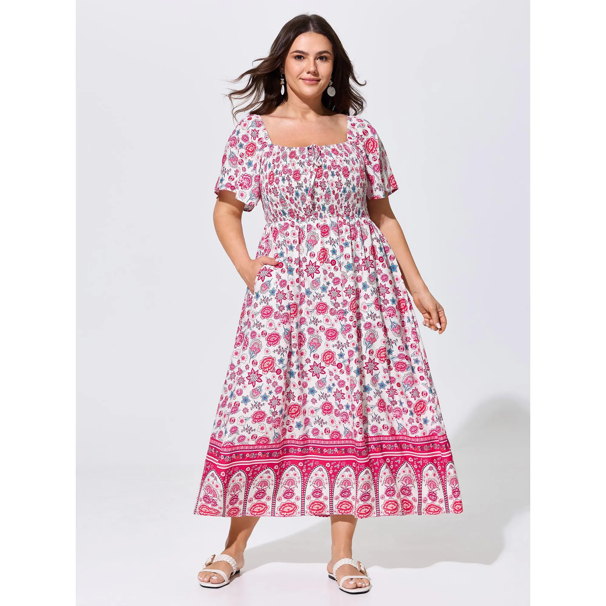 BloomChic Women's Plus Size Boho Floral Rayon Square Neck Maxi Dress with Flutter Sleeves, Smocked Bodice & Pockets, Style, Lady, Shortsleeve, Fabric, Bohemian, Fit, Smooth, Polyester, Garment, Casual Wear, Low Iron, Curvy Dresses Plus Size, Plus Size Cas