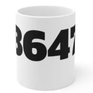 11oz '8647' Print Mug - White Ceramic Coffee Cup with Bold Black Text Design