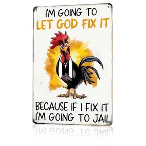 Colorful Aluminum Christian Pun Metal Sign - "I'm Going To Let God Fix It" Funny Rooster Design (12x8 in), Retro Farmhouse Home & Kitchen Wall Art Plaque, Aluminium Decor Gift