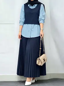 Women's Solid Color Fake Two-Piece Shirt Top + Elastic Waist Pleated Skirt Set, Matching Set, Loose-Fitting A-Type, Spring & Fall Casual