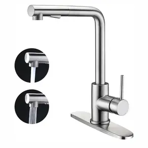 Kitchen Faucet with Pull-Down Sprayer, Brushed Nickel Stainless Steel, Single-Handle Classic Pull-Out Sink Faucet for Farmhouse, Bar, Laundry, or RV, with Deck Plate for 1 or 3 Holes