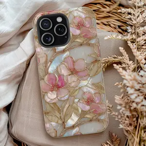 Pink floral phone case featuring cherry blossom design with faux stained glass look. Stylish, spring-inspired aesthetic cover compatible with iPhone