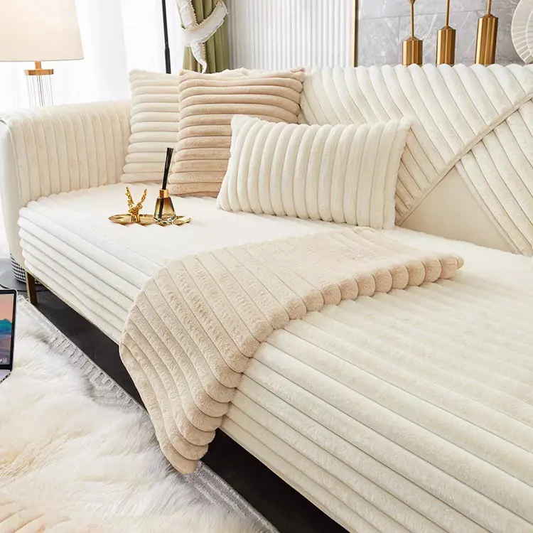 【MeridianHome】MeridianHome Solid Color Sofa Cover Anti-Slip Protector Soft Comfortable Pillow Case Decorative Striped Room Accessory for Living Room Reusable Furniture Protection