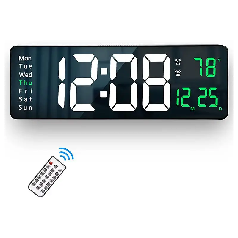 Digital Wall Clock, 1 Count Large Display Wall Clocks with Remote Control, Brightness Dimmer Alarm Clock with Date Week Temperature for Home