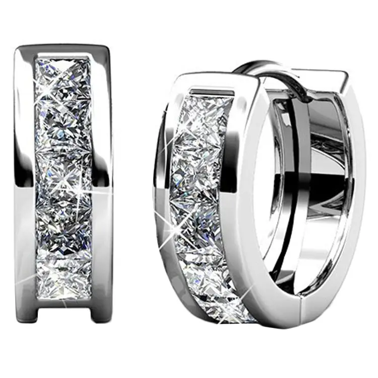 Giselle 18k White Gold Plated Silver Huggie Hoop Earrings for Women with Simulated Diamond Crystals