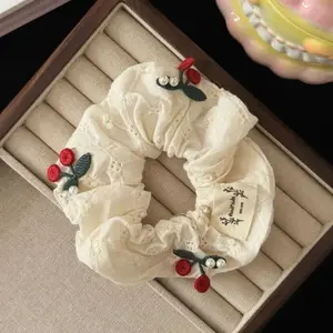 Cherry Embroidered Hair Scrunchie with Pearl Accents and Crochet Leaves for Stylish Hair Ties