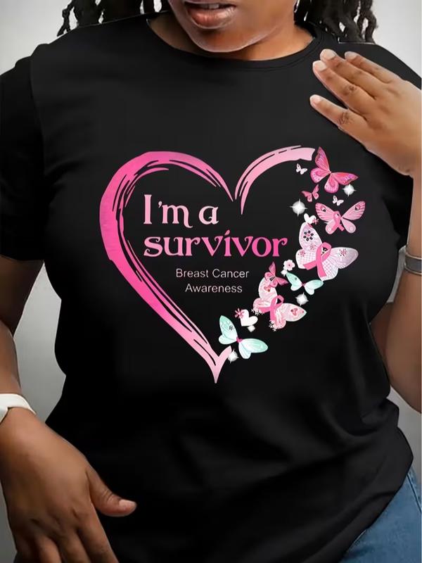 Women's Short-Sleeve Tshirt - Fitted Round Neck Casual Wear Style Top, Comfortable Summer Breast Cancer Awareness Print Butterfly Hearts Everyday Statement Piece