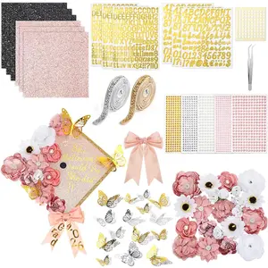 68 count DIY Graduation Cap Decorations Kit, Faux   Butterfly Bow Self Adhesive Rhinestones and Alphabet Letter Stickers for 2026 Grad Cap Topper Decor Graduation Party(Rose )
