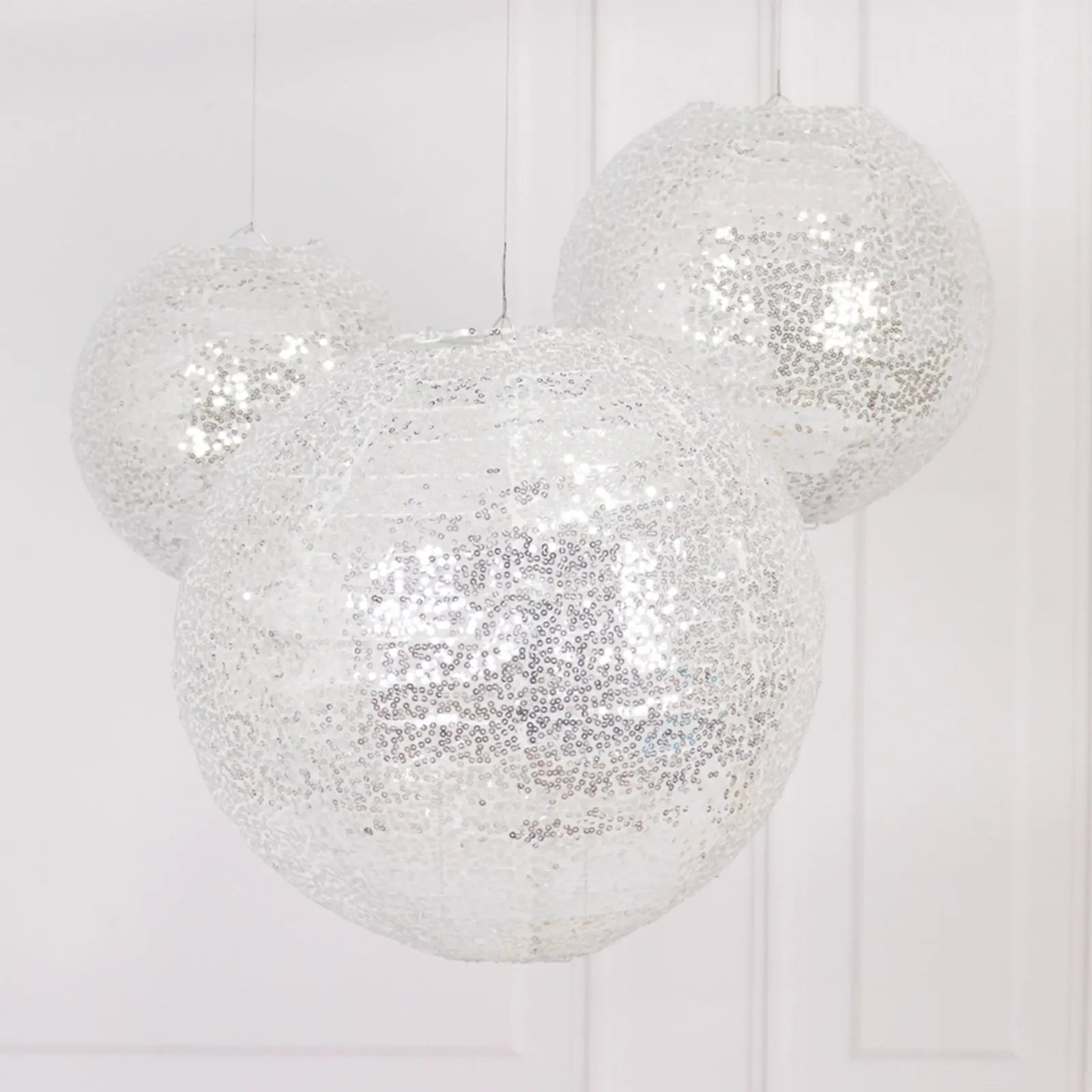 Set of 3 Shimmer Silver Sequin Lanterns - Foldable Hanging Sequin Fabric Lampshades (8in,10in,12in Round), Sparkly Hanging Ornaments for Indoors, Wedding, Party Lighting Decoration