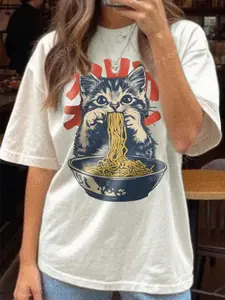 Casual Daily Women Short Sleeve Cute Cartoon Vintage Cat Ramen T-Shirt, Cute Kitten Pattern Shirt Unisex 100% Cotton Top