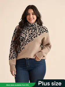 Plus Size Leopard Print Patchwork High Neck Sweater, Casual Fall Winter Fashion, Long Sleeve Knitwear for Women, Trendy Street Style