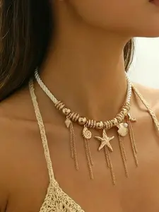Women's Fashion Fringe Pendant Necklace, Long Fringe Simple Elegant Beach Party Jewelry, Star Shell Alloy Metal Multi-Pendant Necklace