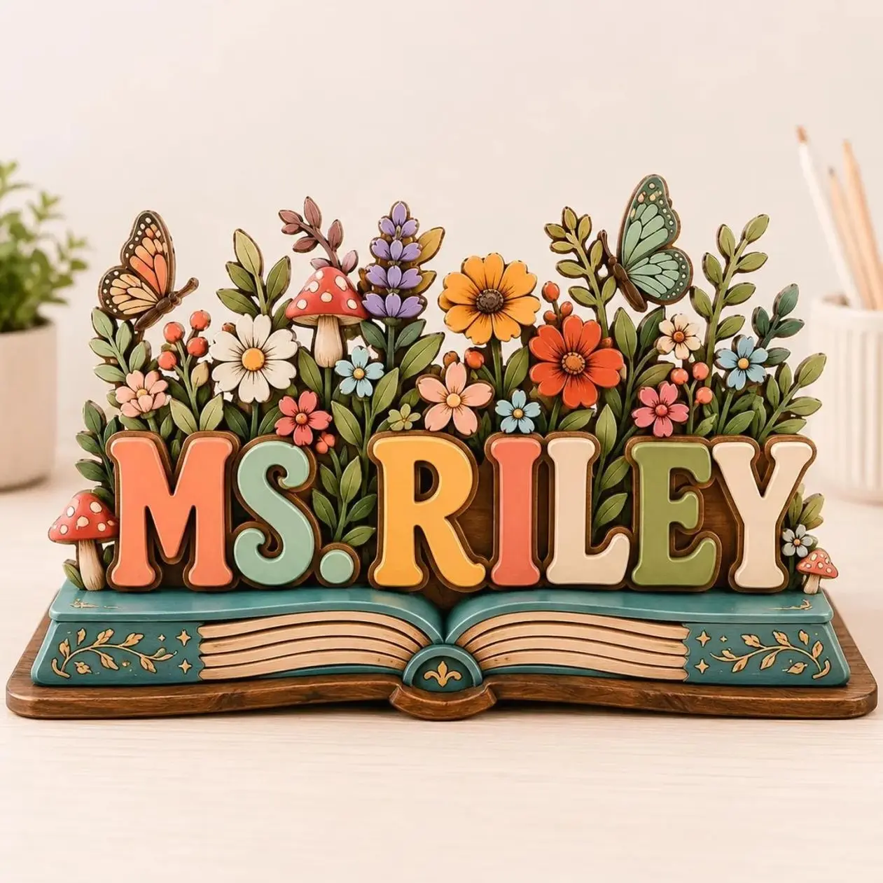 Personalized Teacher Name Wood Block, Custom Wildflower Classroom Desk Sign, Butterfly Book Decor, Teacher Appreciation Gift