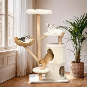 Bingopaw Modern Cat Tree Tower with Basket & Perch for Big Cats Includes Hideaways Hole Platforms Top Perch Natural Wood White Design for Multi-cat Households