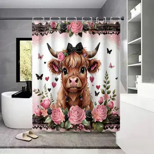 1PC Highland Cow Flower Butterfly Shower Curtain, Multiple Sizes, Made of Polyester Fabric with Hooks, Machine Washable, Bathroom Partition Curtain, Suitable for Walls and Bathtubs, Bathroom Home Decoration Shower Curtain