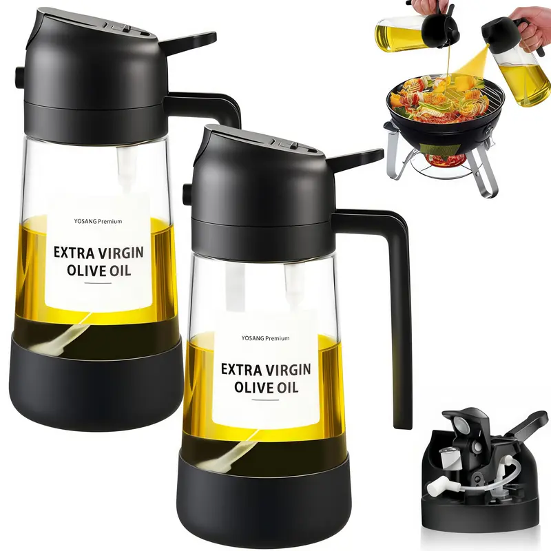 LMMAKE 2PCS 2-in-1 Durable Glass Oil Spray&Pour Dispensers, Kitchen Accessories for Cooking & Air Fryer Use, Indoor/Outdoor Compatible, with Labels