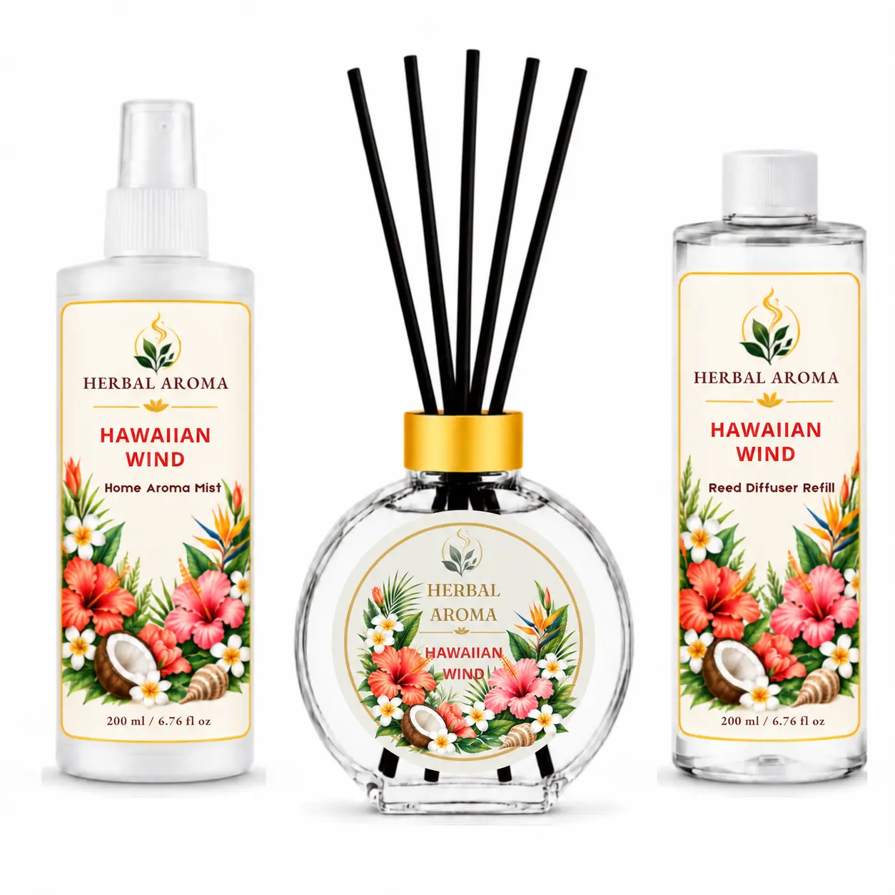 Herbal Aroma Hawaiian Wind Home Fragrance Set, 3-Piece Reed Diffuser with 200 mL Refill and 200 mL Room Spray, 100 mL Diffuser