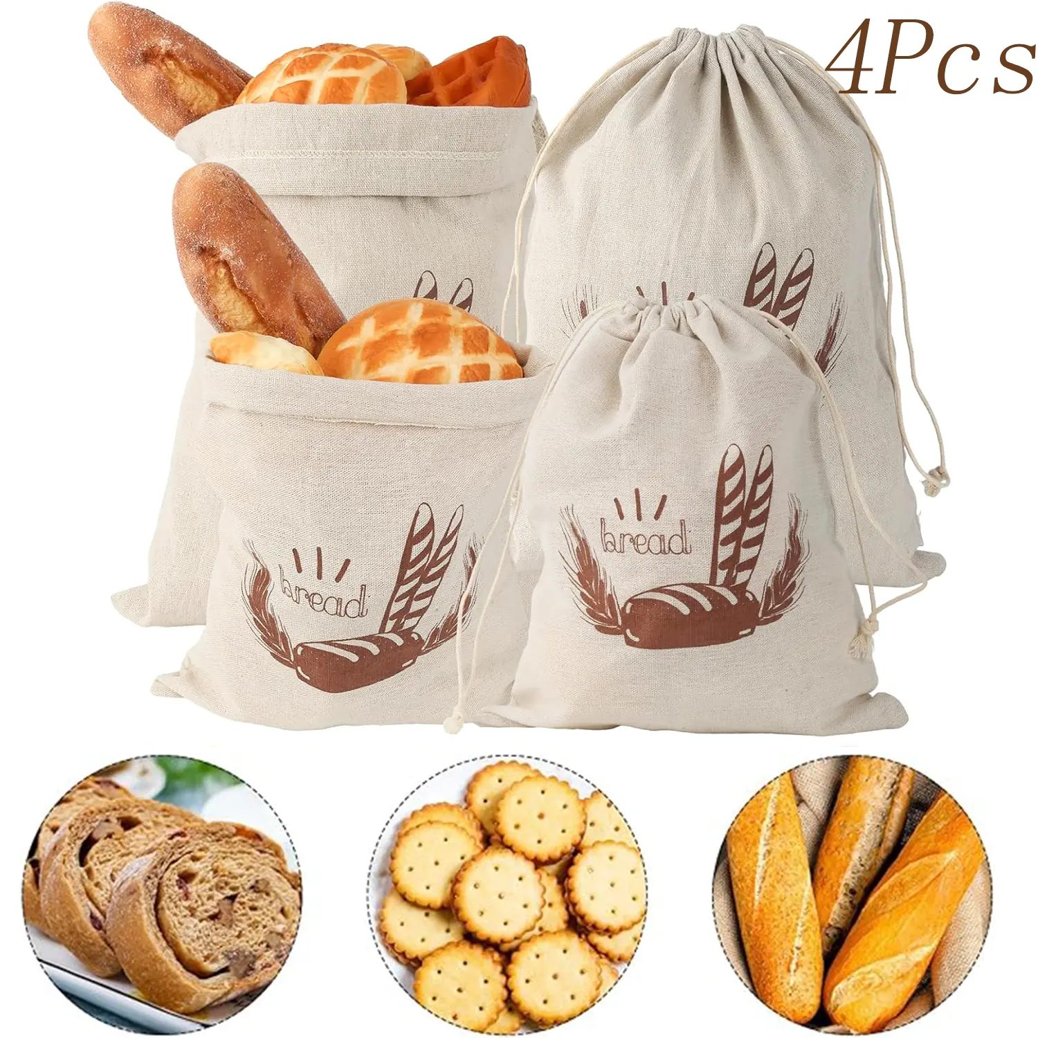 Lightweight Linen Kitchen Bread Bags - 4 Pcs (2 Sizes: 11.81x15.75 Inches, 9.84x11.81 Inches) Reusable Dustproof Drawstring Containers for Bread, Baguette Preservation, Grains Food Storage & Pantry Organization