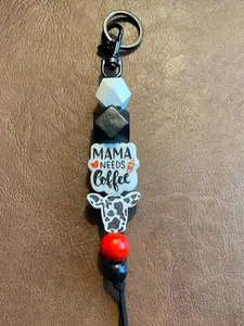 Cow Print Mama Needs Coffee Keychain