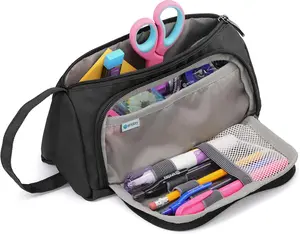 Enday Big Capacity Pencil Case, 3 Compartments Pencil Bags with Zipper, Large Capacity Pencil Pouch, Cute Pencil Case Organizer, Zipper Pencil Pouches, Black