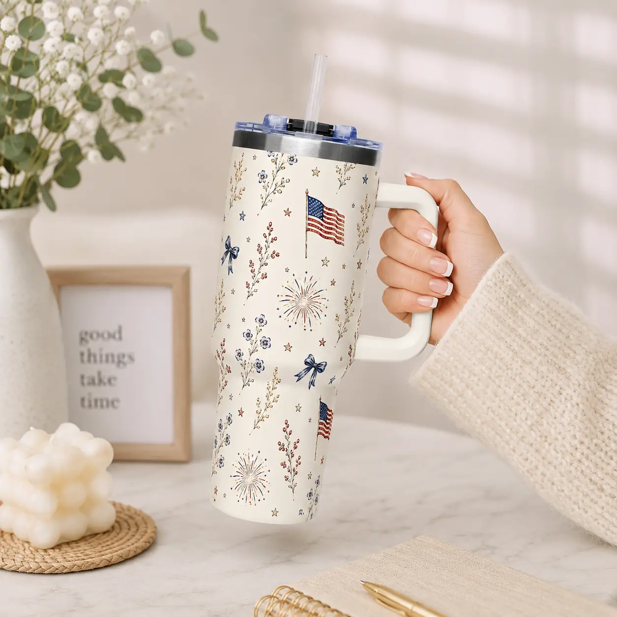 American Flag 40oz Tumbler with Handle, Patriotic Insulated Travel Mug, USA Flag Cup, Americana Gift for Family & Friends