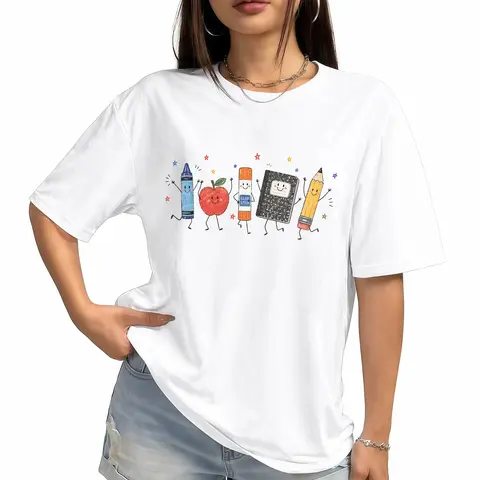 Women's 100% Pure Cotton Short-Sleeve Regular Fit Round Neck Seamless Sublimated Print Tshirt - Casual Soft Top, Cute Crayon Pencil Notebook Design, Teacher Gift, Back-to-School Classroom Wear