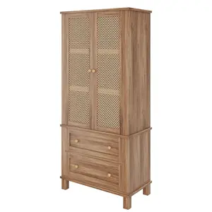 Kitchen Pantry Storage Cabinet with Rattan Doors, 64" Tall Storage Cabinet with 2 Drawers and Adjustable Shelves, Freestanding Cupboard, Pantry Cabinet Wood Cupboard for Kitchen, Dining Room