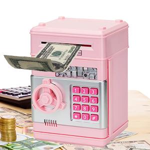 Plastic ATM Piggy Bank for Kids – Electronic Password-Secured Cash Coin Saving Box, Light Home Decor & Gift for Daughters (Pink)