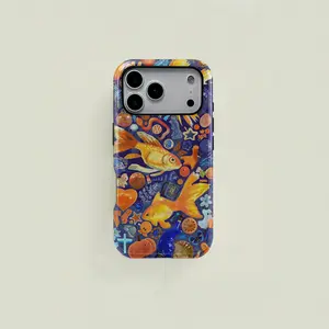 Dark blue watercolor-style retro cute goldfish patchwork pattern protective case, sturdy and durable 2-in-1 case, compatible with iPhone 17/16/15/14/13/12/11 Pro Max/Plus/Pro, Samsung Galaxy S25/S24/S23 Ultra series, simple and stylish phone case.