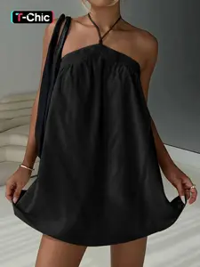 Women's Solid Color Halter Neck Double Layered Cami Dress Frill Ruffle Hem, Chic Sexy Sleeveless Short Dress for Summer, Ladies Clothes for Beach Holiday