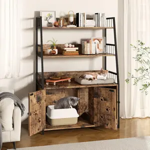 DKLGG Large Cat Litter Box Enclosure with Shelf Storage, Hidden Cat Washroom Wooden House with Scratch Pad, Sturdy Indoor Cat Cabinet with 2 Doors Cleaning