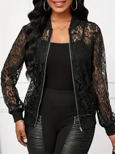 Women's Elegant Plus Size Floral Pattern Long Sleeve Lightweight Lace Baseball Jacket Coat, Stylish, Chic and Comfortable Outerwear