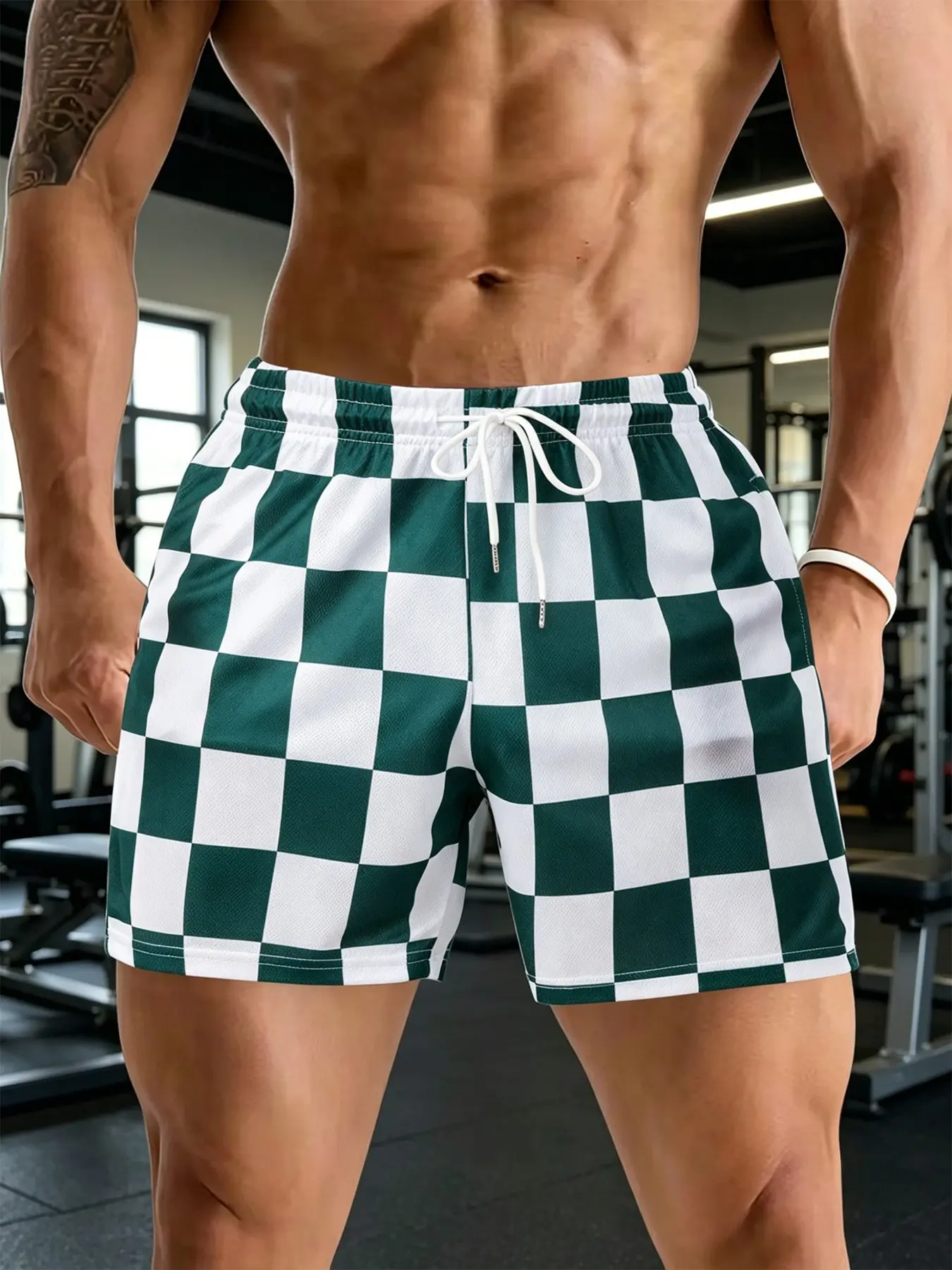 Men's Sport Shorts, Checkerboard Print, Moisture-Wicking, Quick-Dry, Casual Loose-Fit, Ideal for Fitness, Basketball, Running, Beachwear