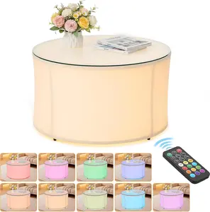 ONBRILL Led Round Coffee Table, 29" Center Table with Light, Adjustable Brightness Color Modern Coffee Table, Easy Assembly, Beige Circle Glass Cloth Coffee Table for Living Room Small Space