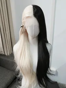 13x4 Lace Front Wig, Straight Synthetic Wig, 30 Inch Long Straight Hair Cap, Half Black Half White, High-Quality Heat-Resistant Fiber, Role Play Costume Cosplay Wig