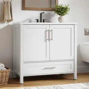 24/30/36 Inch Bathroom Vanity with Ceramic Basin, Storage Cabinet with Drawer and 2 Soft Closing Doors, Single Sink Vanity with Integral Top