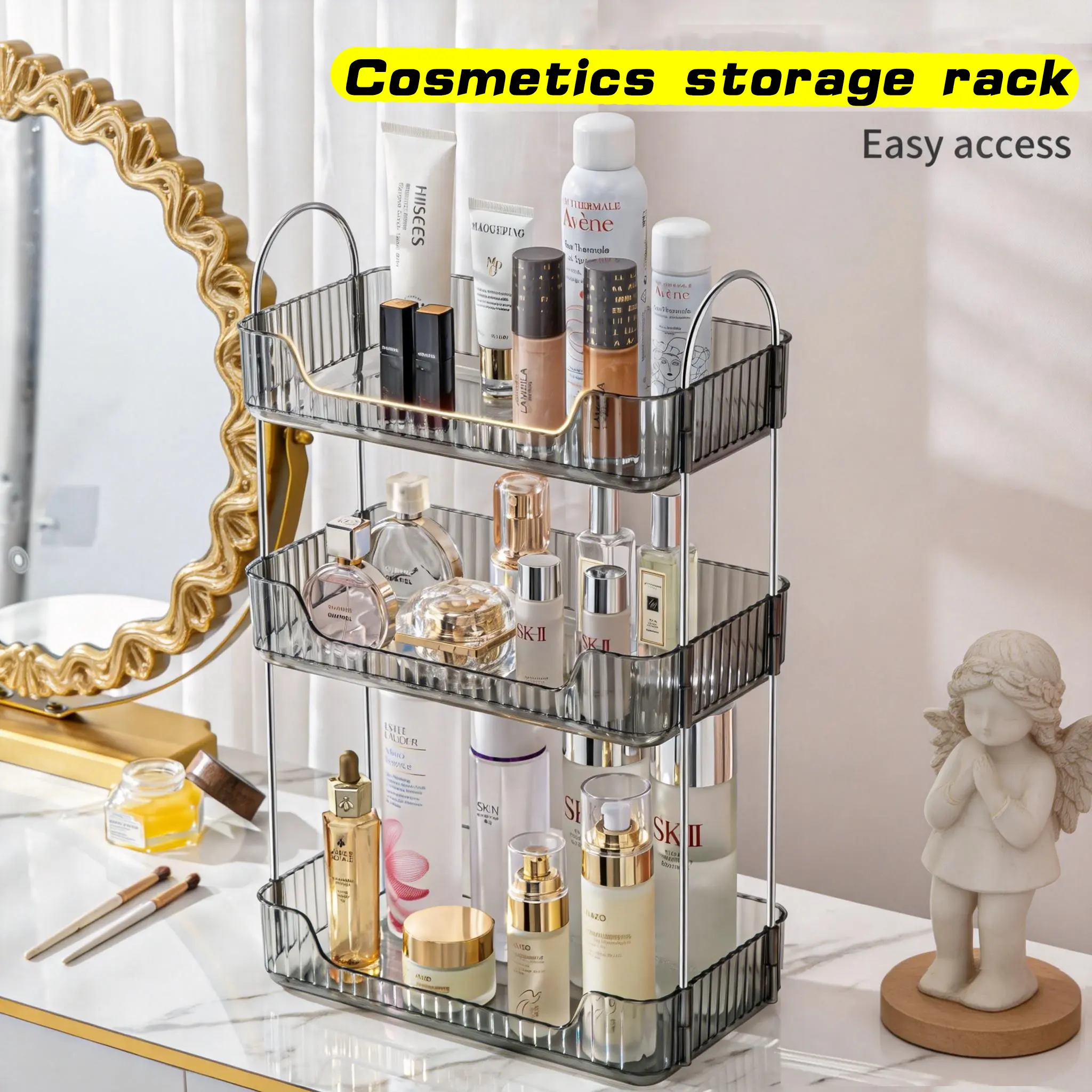 3-Tier Minimalist Modern Beauty Supplies Organizer - Food-Grade PET Plastic & Steel Frame Cube-Shaped Corner Unit, Bathroom Cosmetic Holder for Home Organization Storage Needs