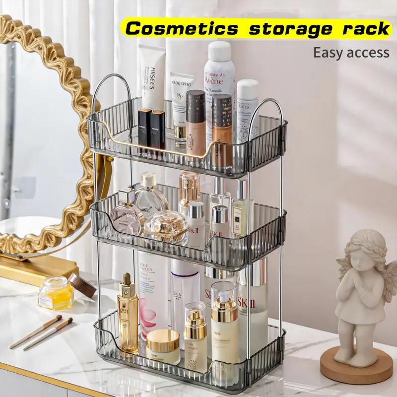 3-Tiered Cube Beauty Supplies Organizer - Durable Food-Grade PET Plastic, Steel Frame Right-Angle Corner Shelf, High Transparency Compact Design Cosmetic Organiser with Rubber Feet for Vanity Tile, Ideal for Busy Parents & Jewelry Storage