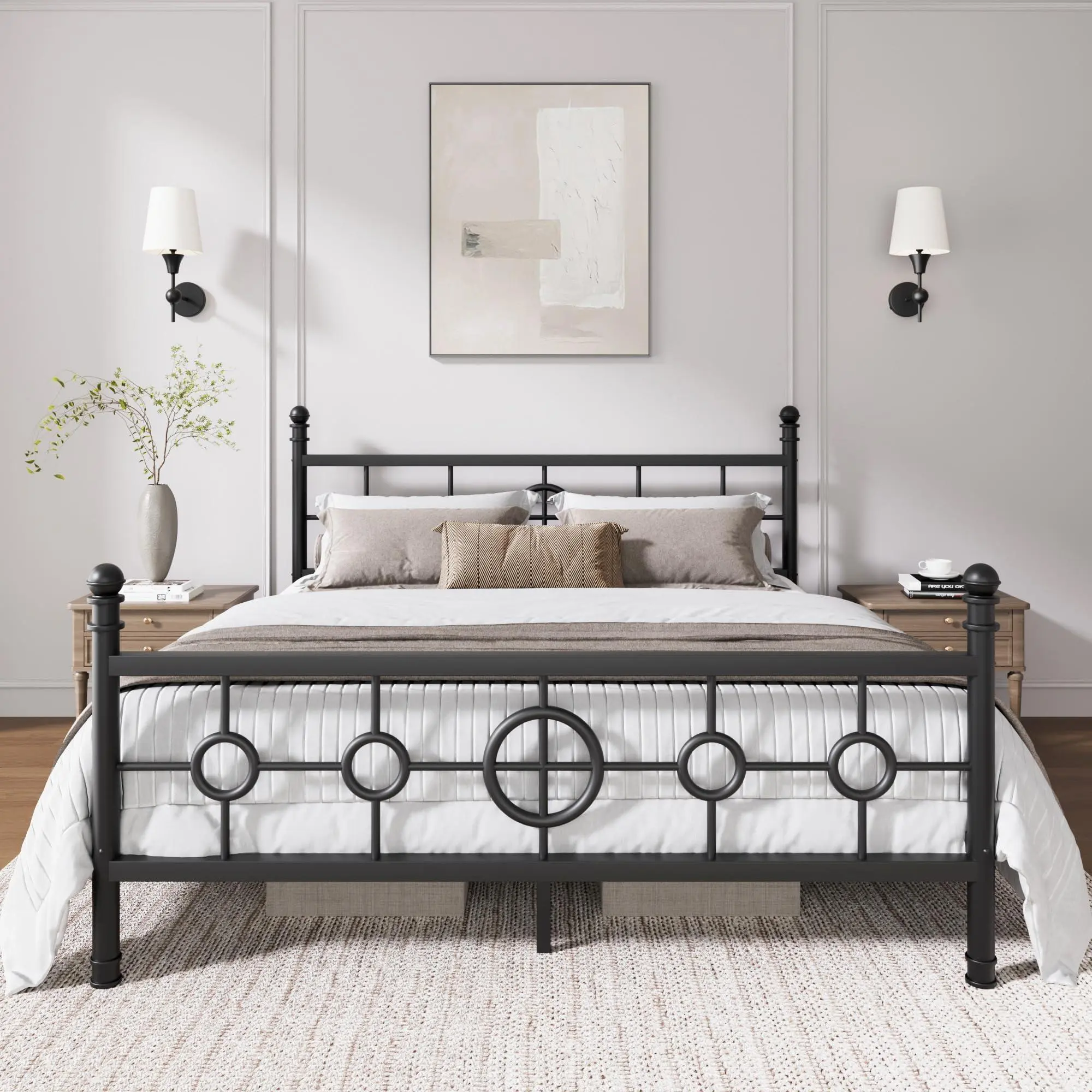 Gaomon Full Size Vintage Circular Headboard & Footboard Metal Storage Bed Frame - Heavy-Duty Iron Flat Bed Frame, Minimalist Design, Silent, Stable, No Box Spring Needed, Easy Assembly, Sleep-Focused for Modern Bedrooms, Heavy-Duty Structure Bed Frames