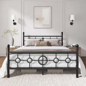 Full Size Metal Bed Frame with Vintage Circular Headboard and Footboard, Heavy-Duty Iron Platform Bed, No Box Spring Needed, Noise-Free Design, Easy Assembly, Black