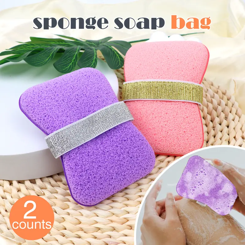 2 Counts Sponge Soap Saver Pouch, Exfoliating Loofah Bath Bag for Rich Lather, Long-Lasting Bar Soap Storage & Body Scrub