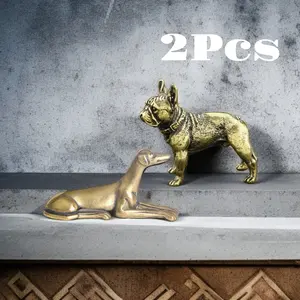 2pc Vintage Solid Brass Mini Greyhound & Bulldog Figurines - Handcrafted With Intricate Details For Living Room Shelf, Study Desk - Durable Pet Lover Gift, Housewarming Present & Antique-Style Collectibles Decor Ornaments