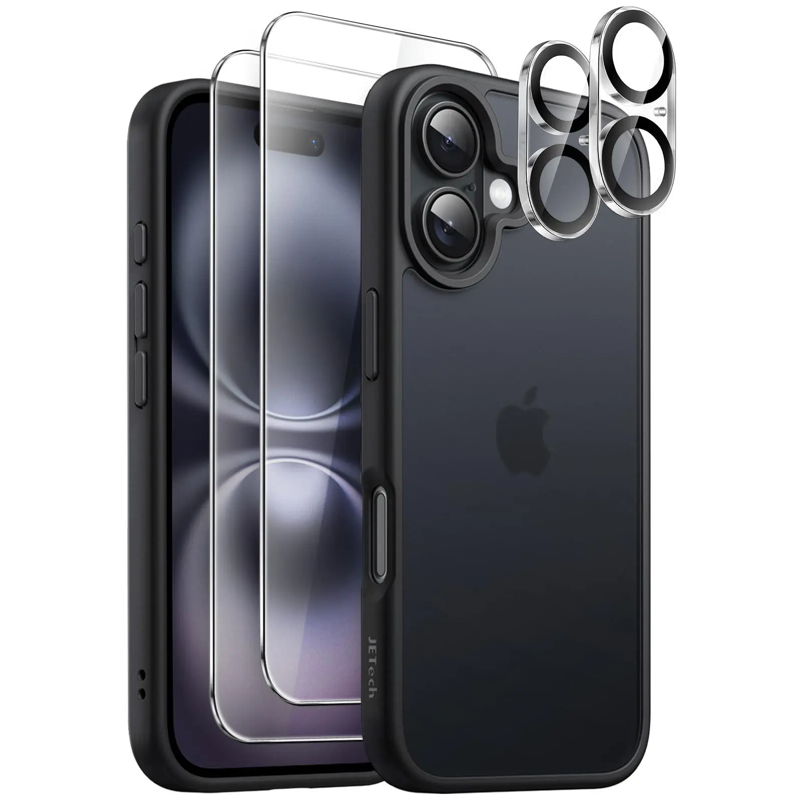JETech 5 in 1 Matte Case for iPhone 16 Series with 2-Pack Each Tempered Glass Screen Protector and Camera Lens Protector, Translucent Back Shockproof Phone Cover