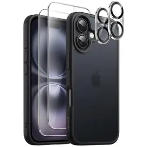 JETech 5 in 1 Matte Case for iPhone 16 Series with 2-Pack Each Tempered Glass Screen Protector and Camera Lens Protector, Translucent Back Shockproof Phone Cover