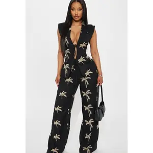 Women's Vacation Palms 2-Piece Linen Pant Set - Black, Polyester-Rayon Garment, Sleeveless, Embroidered Details