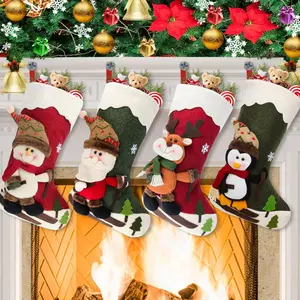Christmas Stocking Set of Four 18-Inch Oversized Christmas Stocking Decorations - Santa, Snowman, Reindeer, Penguin Family Theme Home Decor Set (4-Piece Set)