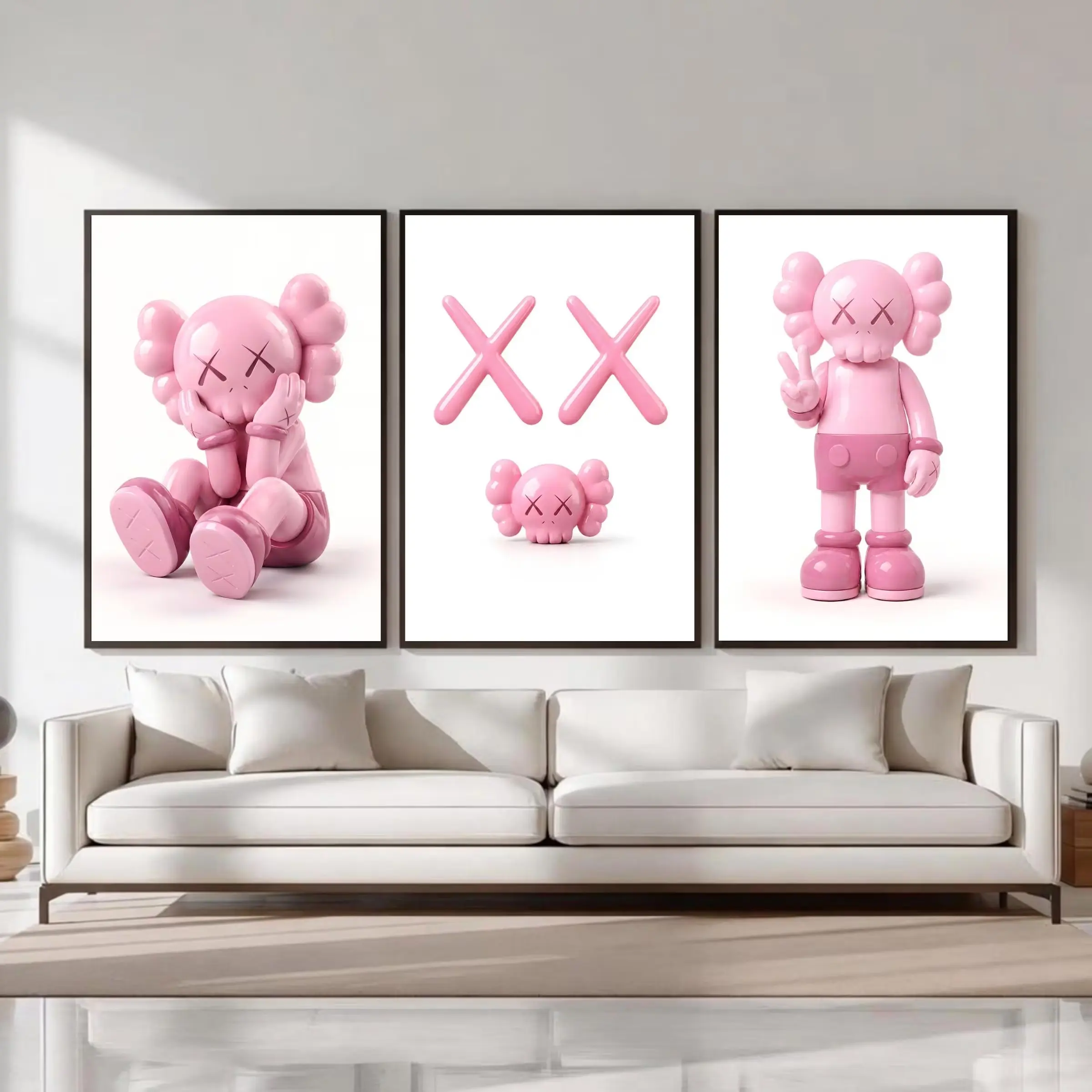 Pink Kaws Hypebeast Wall Art Poster Set of 3, Cute Pastel Dopamine Prints, Blush Pink Girly Home Decor for Bedroom, Bathroom