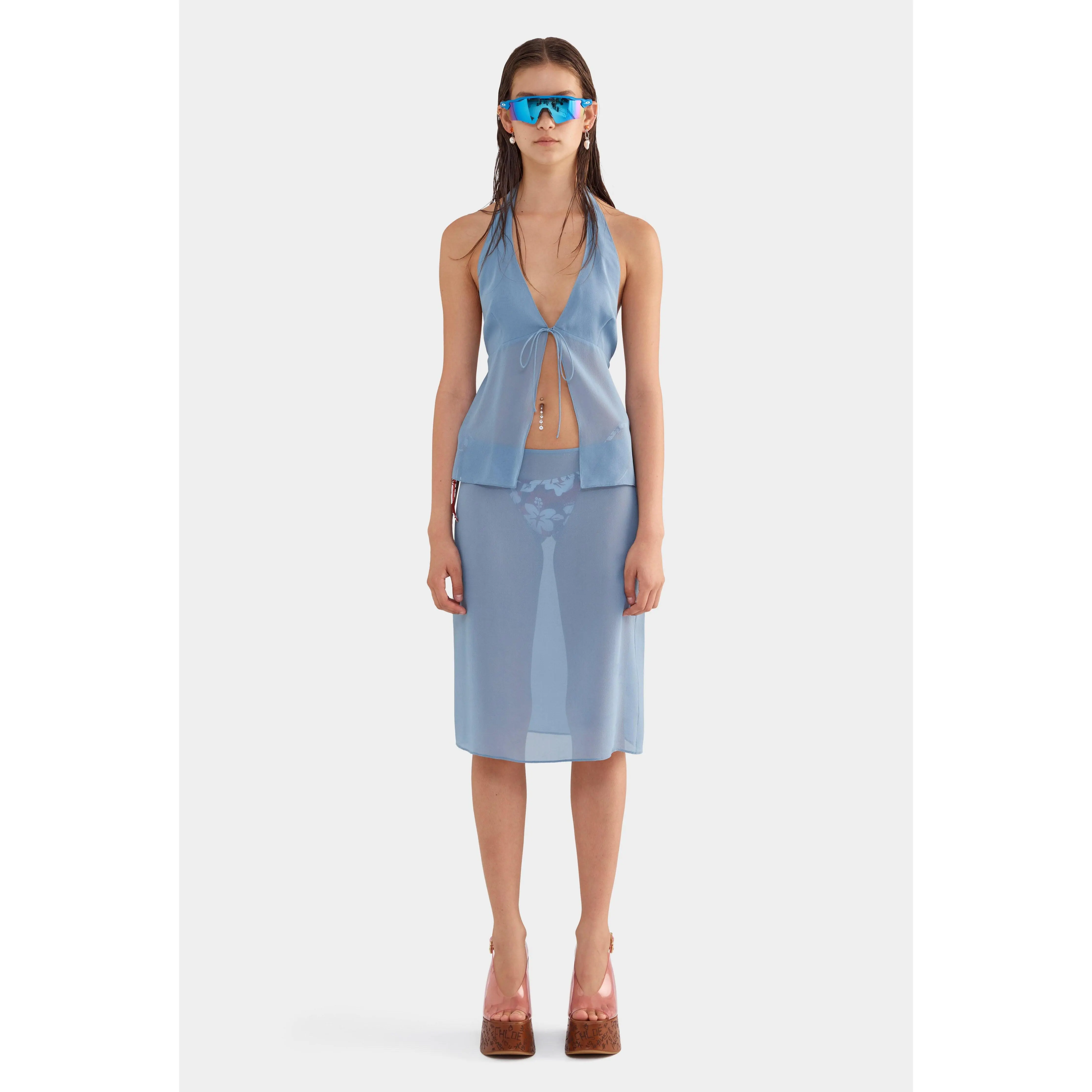 Knee Length Sheer Silk Skirt - Steel Blue