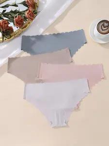 Women's Sexy Scallop Design Underwear Set, Four-Piece Fitted Low-Waist Panties, All-Season Everyday Plain Style Lingerie
