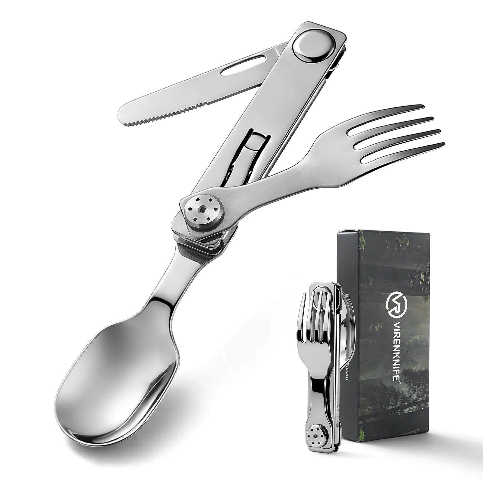 VIRENKNIFE 3-in-1 Camping Eating Utensils, Detachable Pocket Cutlery Folding Spoon, Fork, Knife，Stainless Steel Flatware Set for Outdoor, Camping, Hiking, Easy to Carry